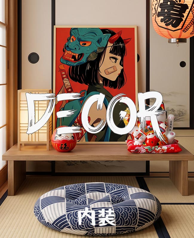 Japanese home decor in a tatami room with a framed oni mask print, a paper lantern, a shoji floor lamp, a red daruma, maneki neko figurines and a seigaiha zabuton cushion