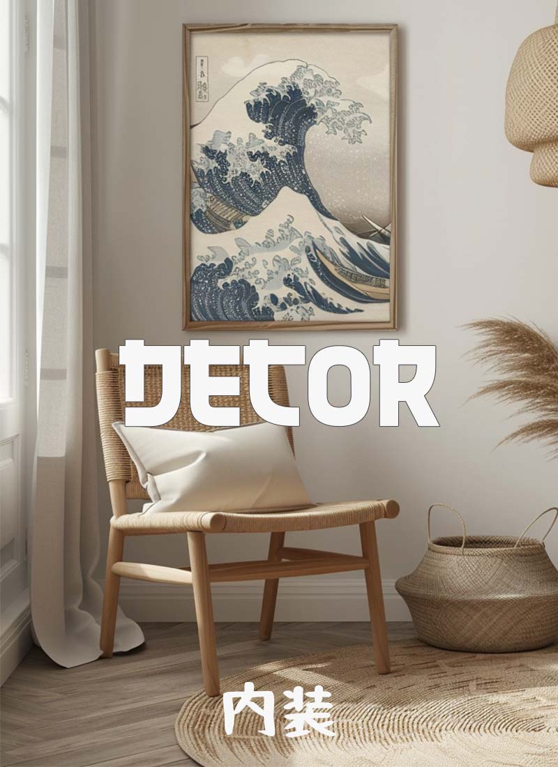 A room with Japanese inspired home decor. Great wave off kanagawa wave print on the wall and a bunch of japanese home decor wabi sabi products with wood and bamboo material