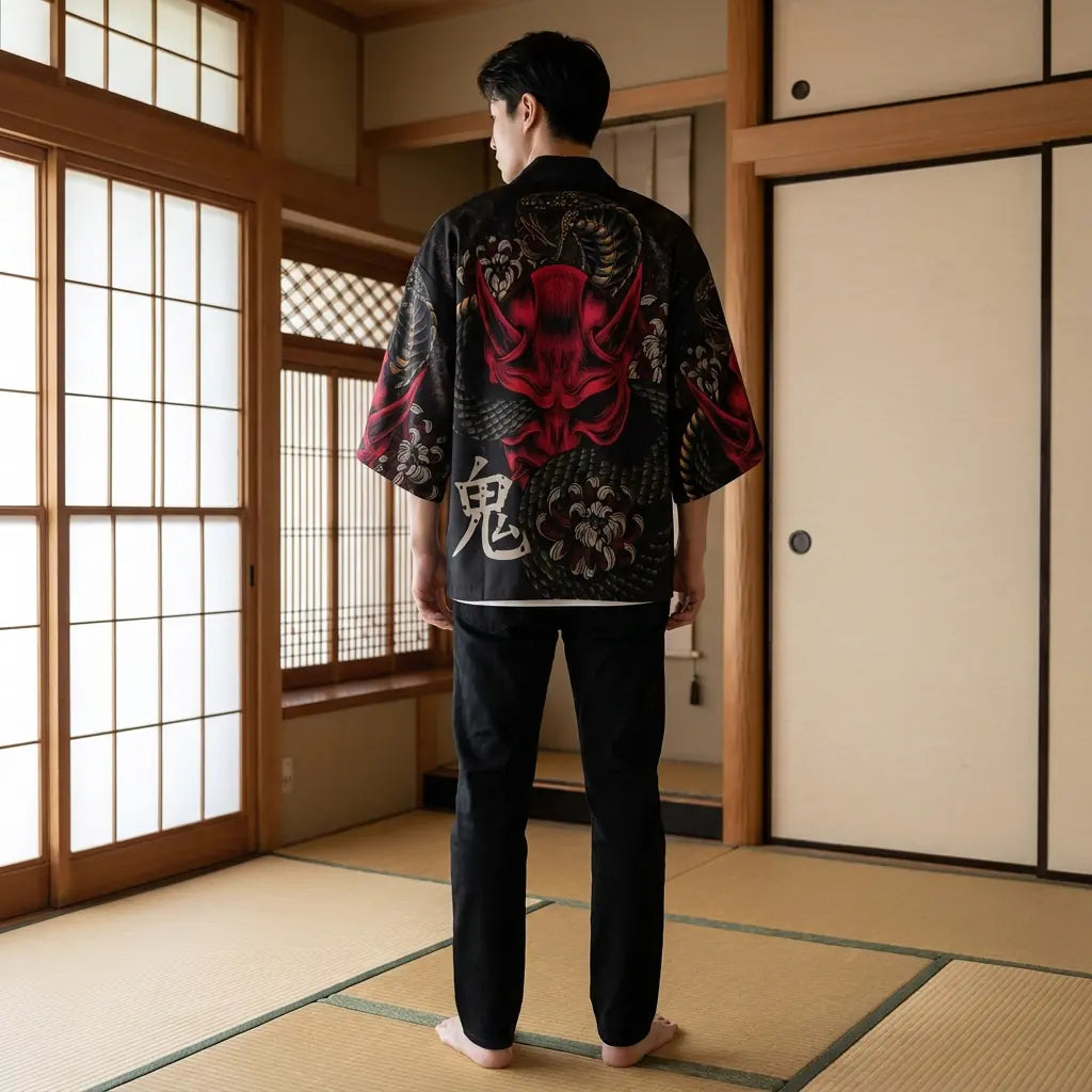 Back view of a yokai kimono in a washitsu room, showing the full back design