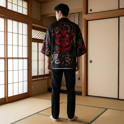 Back view of a yokai kimono in a washitsu room, showing the full back design