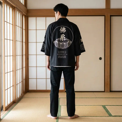 Back view of a haori style jacket in a washitsu room, showing the full back design