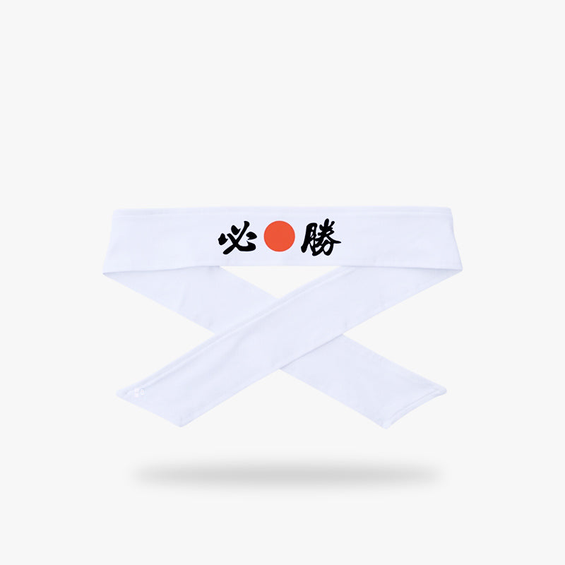 A Japanese Kamikaze Headband Hissho with black kanji script and a red disc of the white headband. Honor the bravery and resolve of the past with this warrior japanese headband Headband, adorned with powerful symbols and bold designs