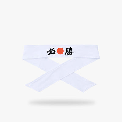 A Japanese Kamikaze Headband Hissho with black kanji script and a red disc of the white headband. Honor the bravery and resolve of the past with this warrior japanese headband Headband, adorned with powerful symbols and bold designs