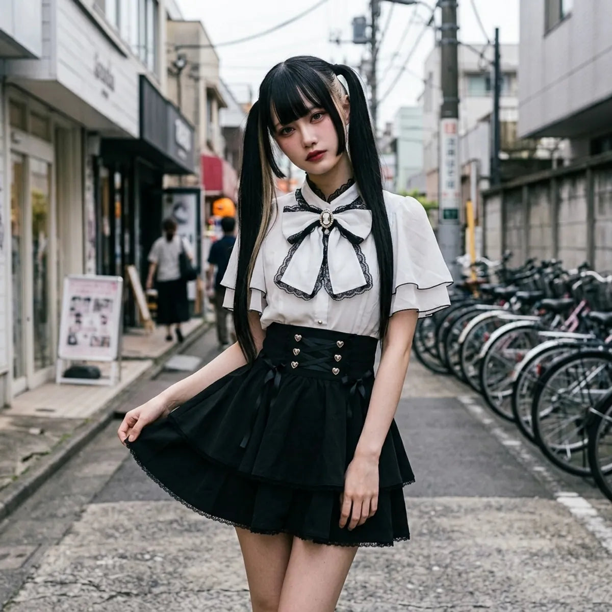 The Japanese kawaii two piece set seen from the front in a Harajuku backstreet, blouse and skirt together