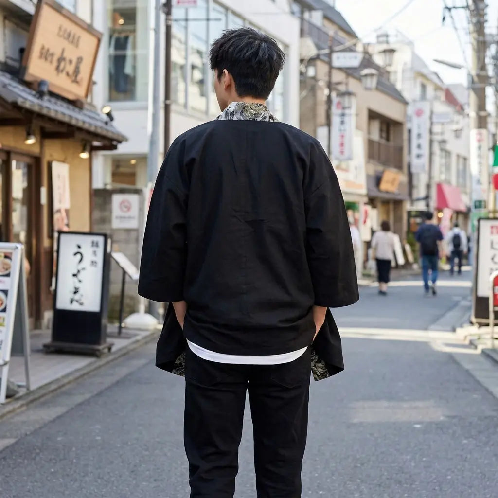 Back view of a japanese kimono haori worn in a Harajuku street, showing the full print