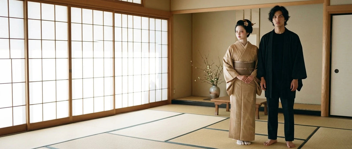 A man in a black haori and a woman in a beige kimono in a traditional washitsu room