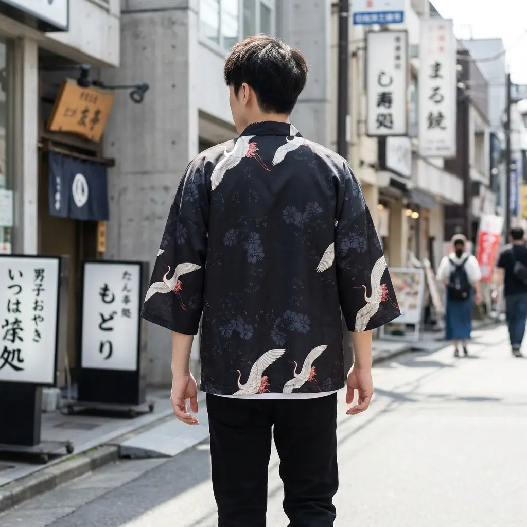 Back view of a japanese kimono jacket men worn in a Harajuku street, showing the full print