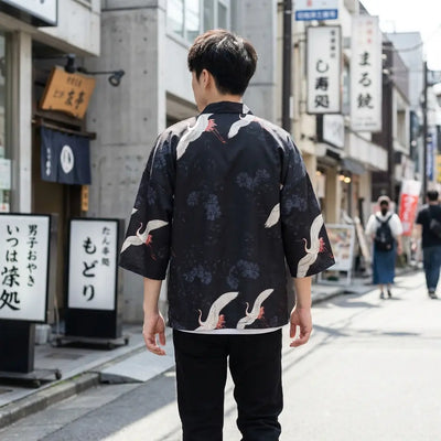 Back view of a japanese kimono jacket men worn in a Harajuku street, showing the full print