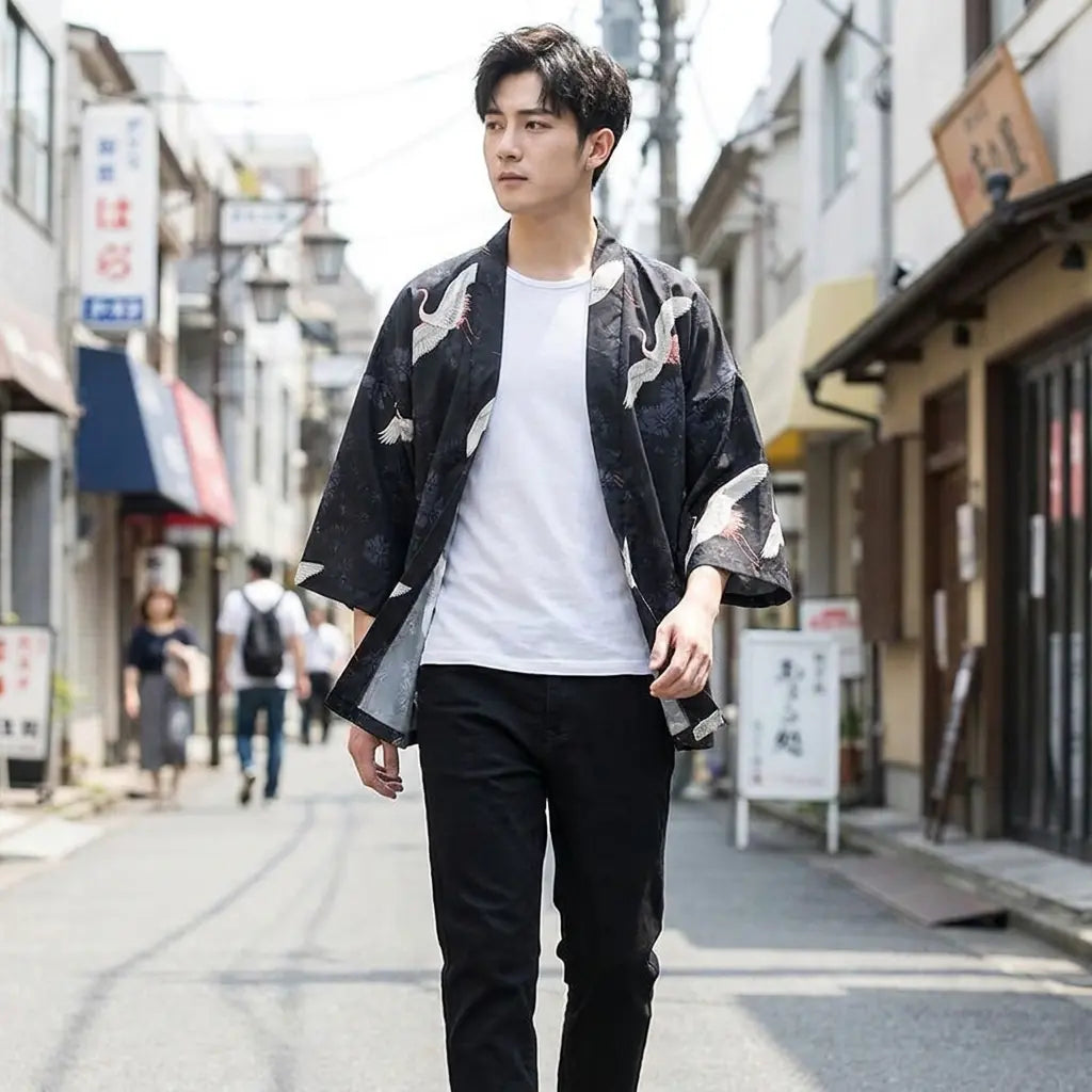 Man wearing a japanese kimono jacket men in a Harajuku street in Tokyo, front view