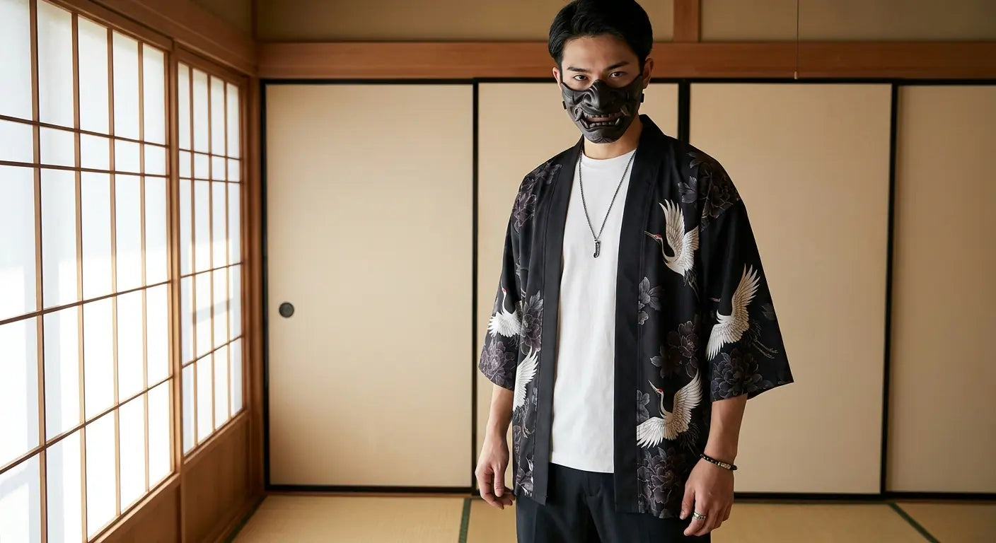 Man wearing a japanese kimono jacket men in a Japanese washitsu room with shoji screens, waist-up front view