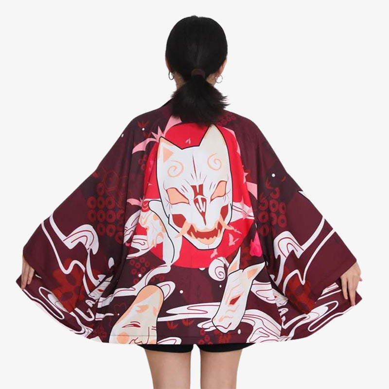 This Japanese kimono jacket pattern showcases an intricate Kitsune mask print, offering a unique and cultural touch to a traditional garment
