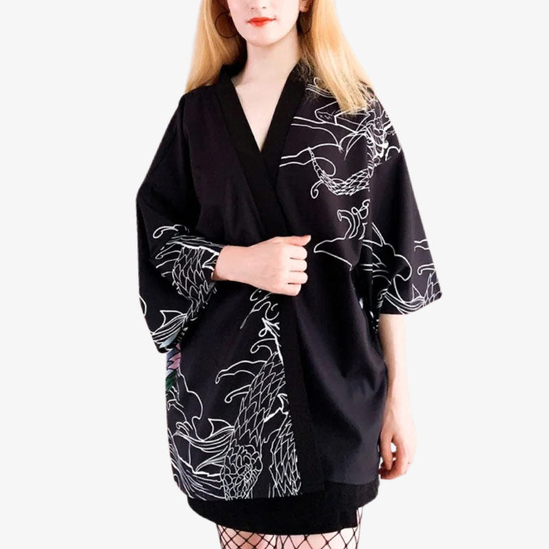 Explore the captivating Japanese kimono Oni, adorned with intricate demon artwork that reflects Japan's rich folklore and artistic heritage Black kimono jacket with polyester and cotton material
