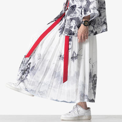 The Japanese kimono skirt is white. It is a traditional Japanese garment
