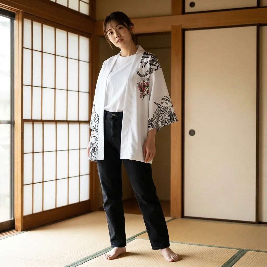 Woman wearing a kimono oni in a washitsu room with tatami and shoji screens