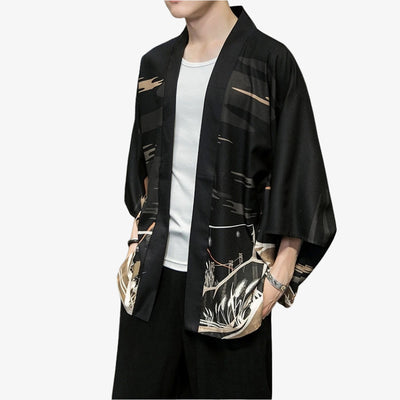 a man is dressed with a Japanese Kitsune Haori, with a white round neck t-shirt and a black Japanese pants