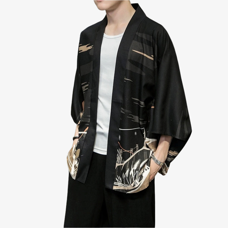 a man is dressed with a Japanese Kitsune Haori, with a white round neck t-shirt and a black Japanese pants