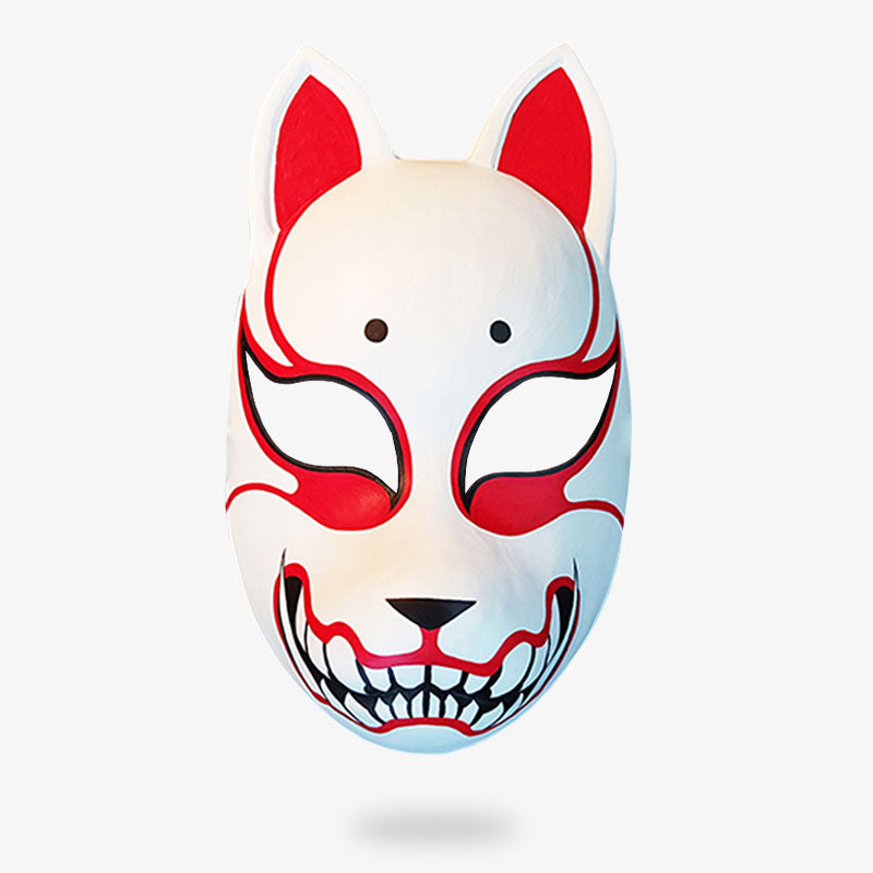 This Japanese kitsune mask is a cosplay accessory. This Japanese fox mask is red and white
