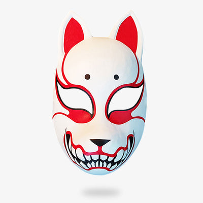 This Japanese kitsune mask is a cosplay accessory. This Japanese fox mask is red and white