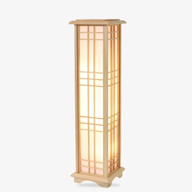 a Decorative japanese lantern style floor lamp​ with a grid shoji design panel design on a white background