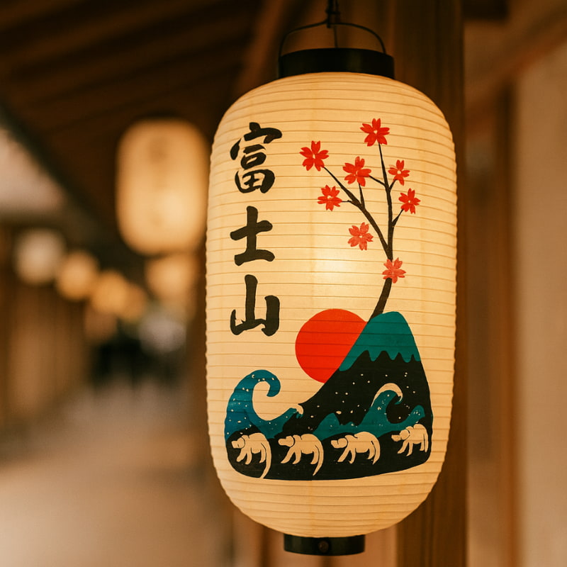 Decorative Japanese Lanterns Outdoor with black Kanji characters and mount Fuji design in a blurred traditional setting