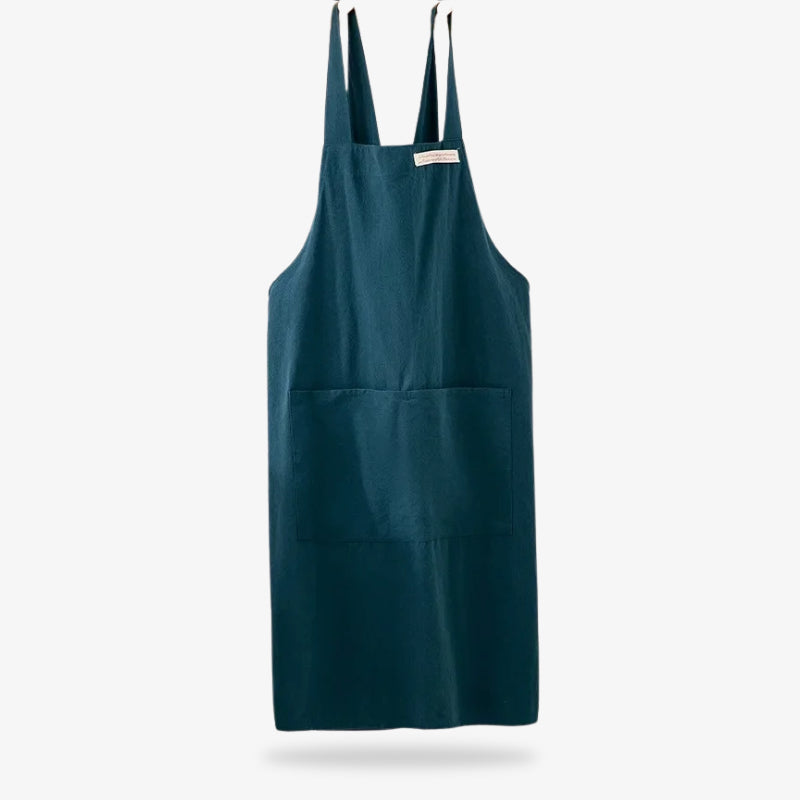 Japanese linen cross back apron crafted with durable cotton-linen blend and ergonomic strap design for comfortable wear.