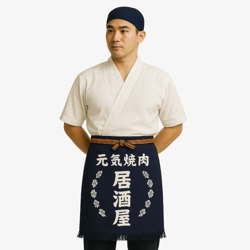 Japanese Maekake apron in navy thick cotton with white kanji, representing authentic craftsmanship for Japanese cooking traditions.