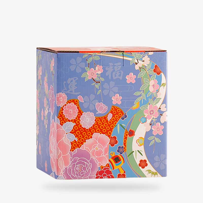 A Japanese maneki neko packaging with traditional Japanese symbols and motifs printed on the cardboard