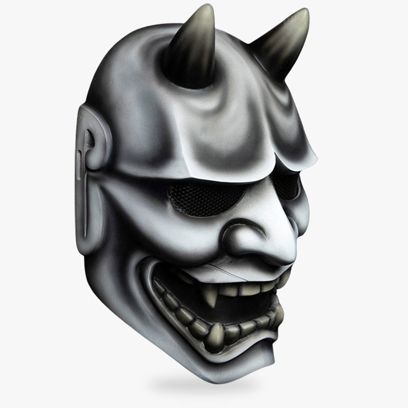 the japanese mask demon is a white oni mask with horns and fangs. Handmade japanese mask with horns and fangs