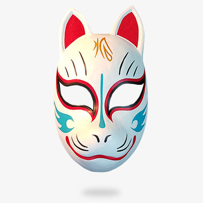 This traditional Japanese Mask Fox ask is white with painted with colored motifs. The kitsune mask is populare in manga and anime