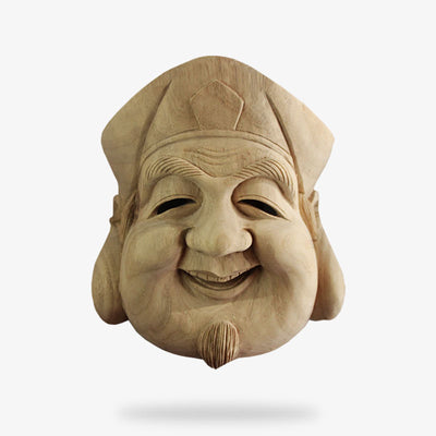 This Japanese mask theater is handmade and carved from cedar wood. The design of the Noh mask is a laughing man's face with a hat. This traditional Japanese mask can be worn for theatrical performances or as a Japanese wall decoration.
