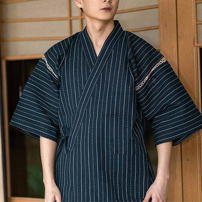 Dress up with a Japanese Men Jinbei. The Japanese kimono is short sleeves. Color is navy with strips pattern printed on cotton material