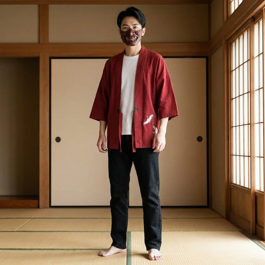 Man wearing a traditional haori in a traditional Japanese washitsu room, front view