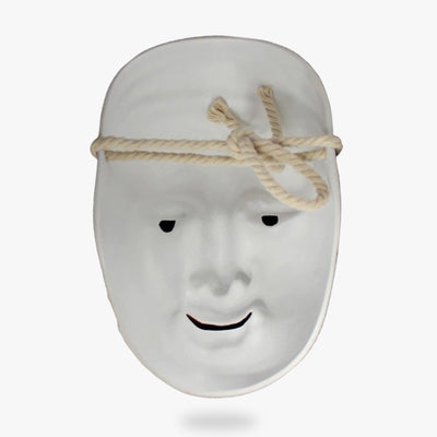 This Japanese noh mask handmade is white in color. A cord is attached to the mask so that the size can be adjusted. The white Japanese mask is made of resin