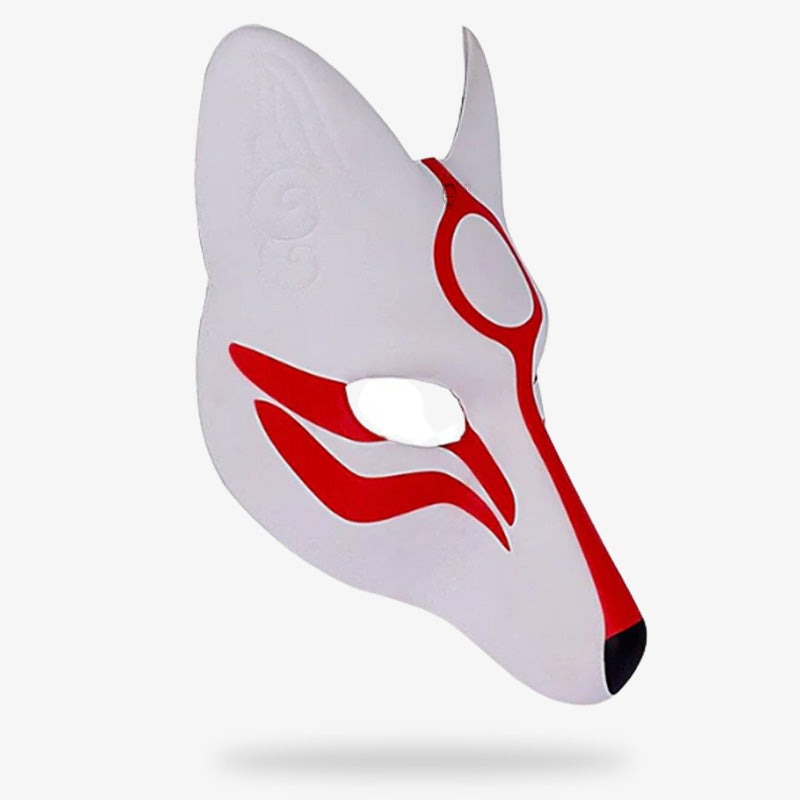 This japanese okami mask is in red and white paint.