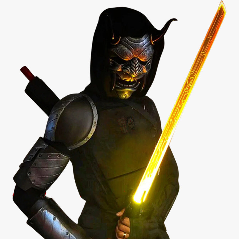 A man is dressed with ninja clothes, his face is hide by The Japanese Oni face mask. Its a handcrafted piece, featuring detailed hand-painted and sculpted designs with horns and sharp teeth that bring Japanese folklore to life. The man hold a lighting Katana sword
