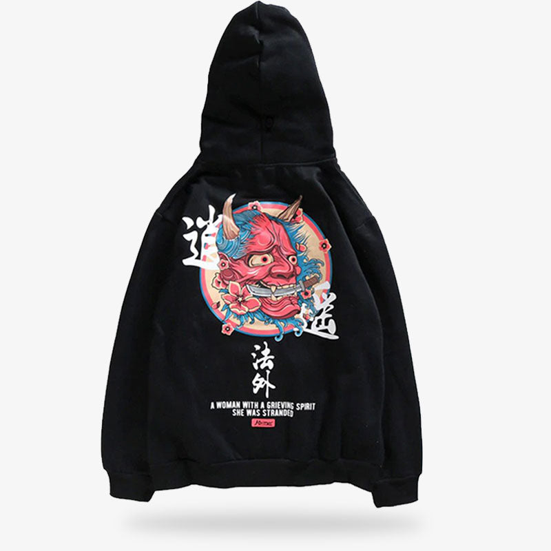 The japanese oni is black colored and printed with a Japanese tattoo Irezumi demon face and kanji