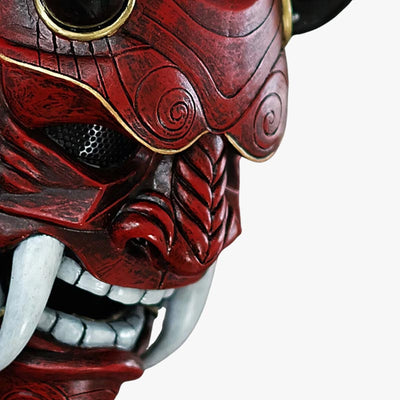 Explore our Japanese Oni mask for sale, each piece handcrafted from fiberglass and wood, and uniquely painted and sculpted by an artisan