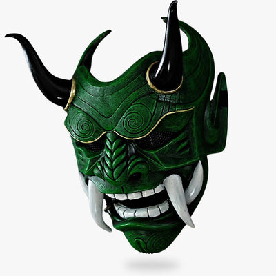 The Japanese Oni mask green is a handcrafted artifact, made from fiberglass and wood, featuring hand-painted details, horns, and sharp teeth that bring Japanese legends to life
