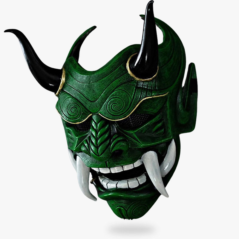 The Japanese Oni mask green is a handcrafted artifact, made from fiberglass and wood, featuring hand-painted details, horns, and sharp teeth that bring Japanese legends to life