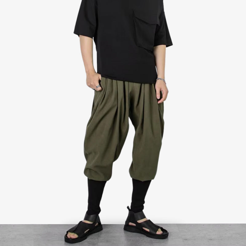 A green Japanese pants loose fit offering ease of movement and traditional inspired styling from streetwear outfit