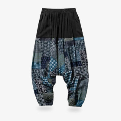 These Japanese harem pants are inspired by Japanese workers pants with geometric Wagara patterns.