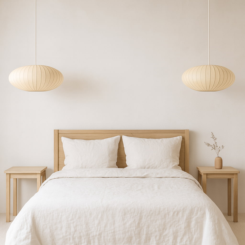 Bedroom with wooden headboard, white bedding, and japanese paper chandeliers​
pendant lights.