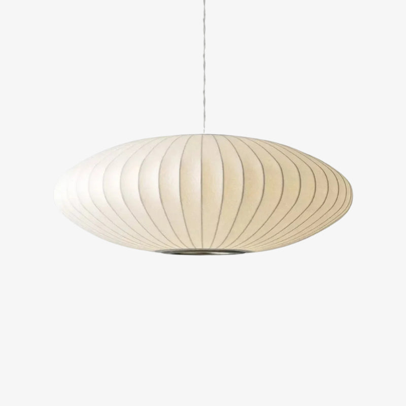 Spherical japanese paper lantern chandelie pendant light with ribbed design on a white background