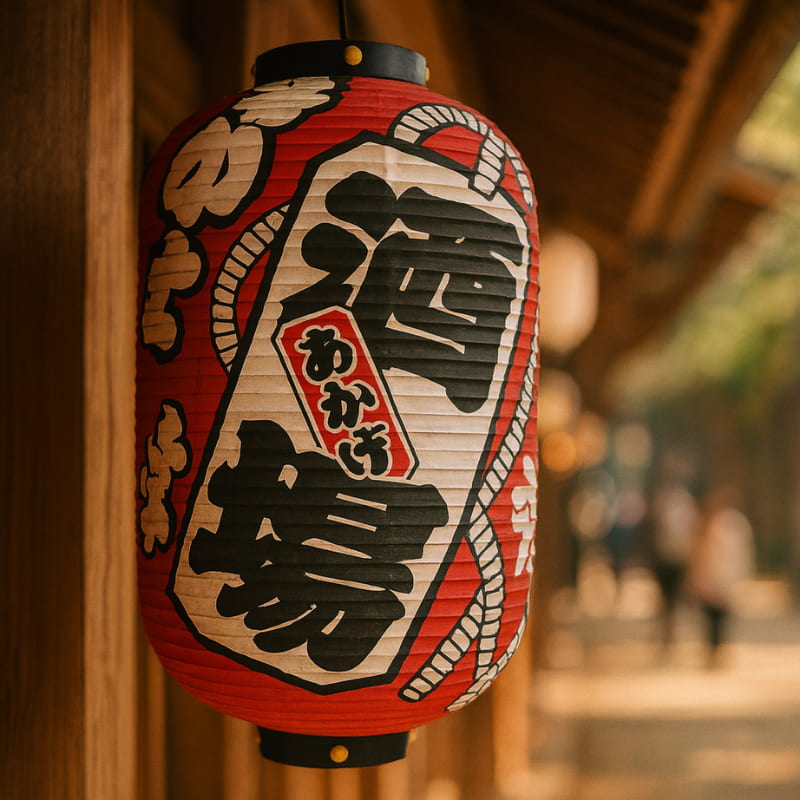 Traditional Japanese paper lantern lights with black kanji printed on lucky charm omamori
