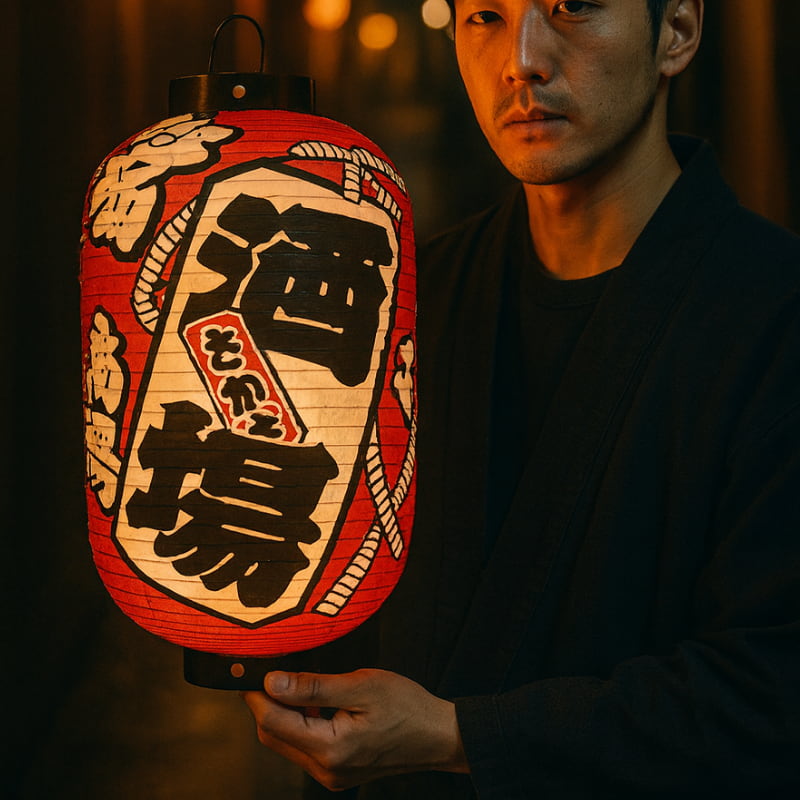Man holding a traditional Japanese paper lantern with black kanji on an omamori drawing.