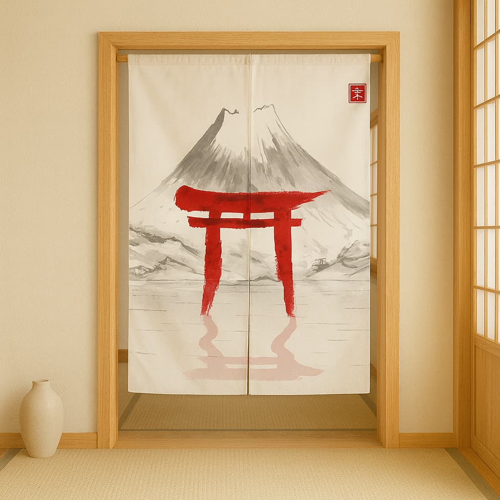 Decorative japanese pattern noren door with Mount Fuji and red torii gate design in a room with tatami mats.