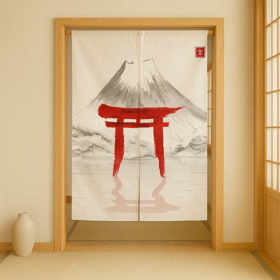 Decorative japanese pattern noren door with Mount Fuji and red torii gate design in a room with tatami mats.