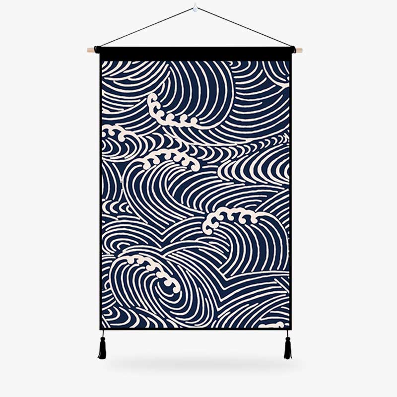 This kakemono stand features a Japanese print blue wave symbols