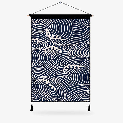 This kakemono stand features a Japanese print blue wave symbols