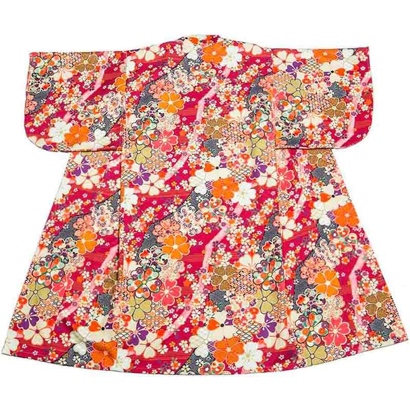 Japanese red kimono robe material with sakura flower patterns